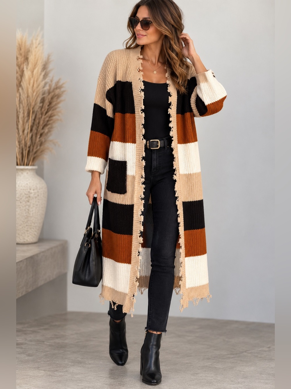 Derek Heart Striped Long Open-Front Cardigan in Beige, Black & Brown Medium